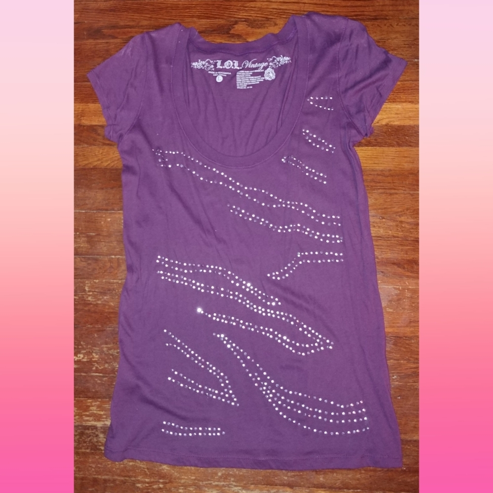 L.O.L. Vintage Y2K Purple silver with zebra print Bedazzled Shirt